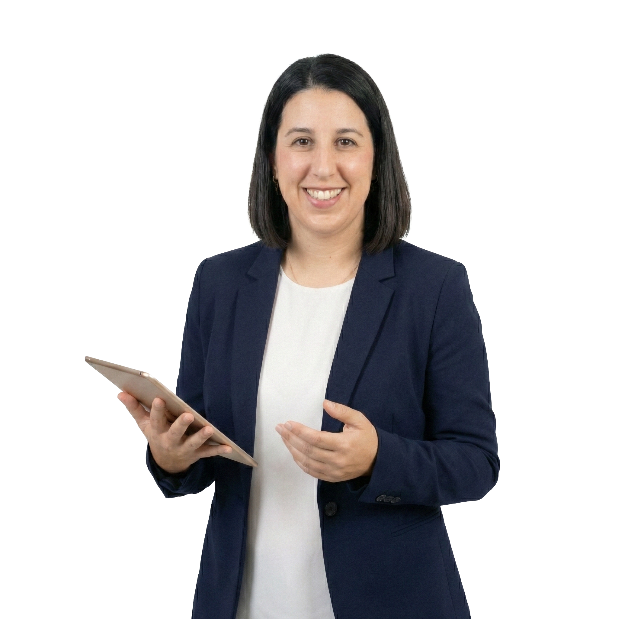 Mujer con tablet en mano.